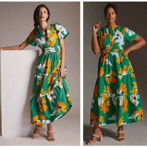 Anthropologie Green and Yellow Floral Maxi Dress